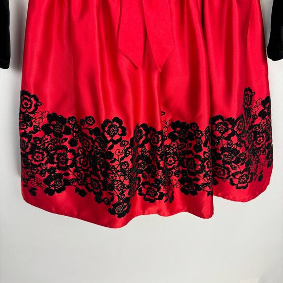 RARE EDITIONS | Black Velvet Baby Doll Red Satin Floral Glitter Dress | Kid's 5 - Picture 3 of 9